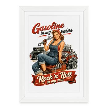 Retro Pin-up Hot Rod : Essence & Rock n Roll Soul - Affiche encadrée (27 × 37 cm) - blanc - Devant