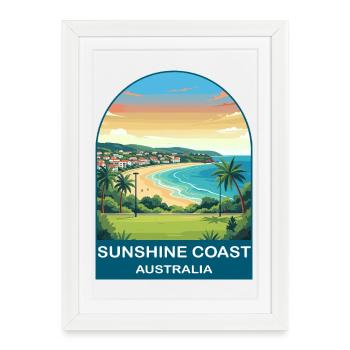 Affiche de voyage sur la plage Sunshine Coast Australia - Affiche encadrée (27 × 37 cm) - blanc - Devant