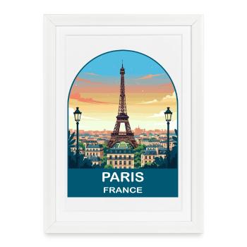 Paris France Affiche de voyage vintage de la Tour Eiffel - Affiche encadrée (27 × 37 cm) - blanc - Devant