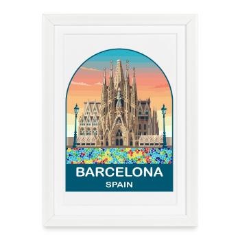 Affiche de voyage vintage de Barcelone, Espagne - Affiche encadrée (27 × 37 cm) - blanc - Devant