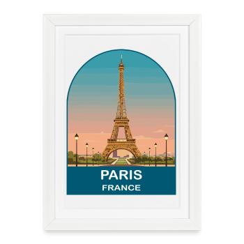 Paris France Affiche de voyage vintage de la Tour Eiffel - Affiche encadrée (27 × 37 cm) - blanc - Devant