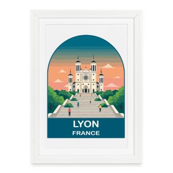 Lyon France City Skyline Vintage Travel Poster - Framed poster (27 × 37 cm) - white - Front