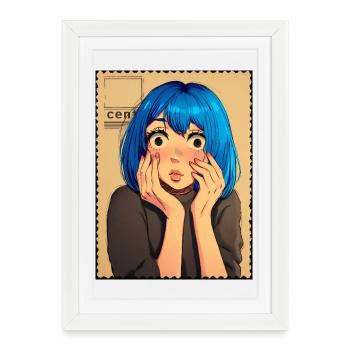 Portrait surprise aux cheveux bleus - Affiche encadrée (27 × 37 cm) - blanc - Devant