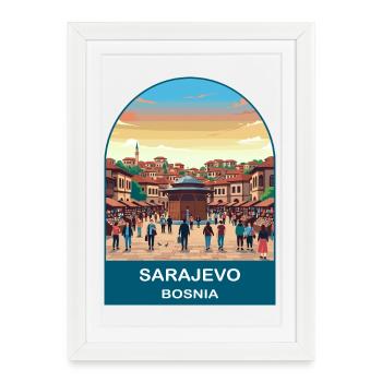 Art d’affiches de voyage vintage en Bosnie à Sarajevo - Affiche encadrée (27 × 37 cm) - blanc - Devant