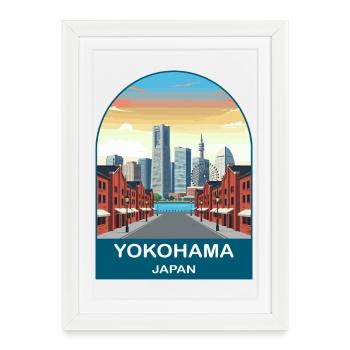 Yokohama Japan Minato Mirai Reiseplakat - Gerahmtes Poster (27 × 37 cm) - Weiß - Vorne