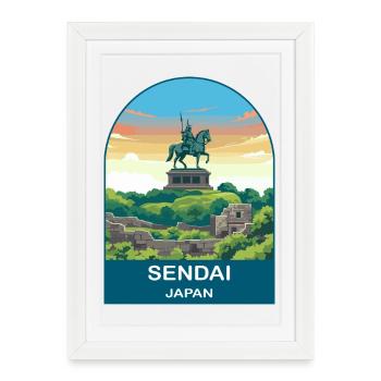 Sendai Japan Samurai Statue Vintage Travel Art - Framed poster (27 × 37 cm) - white - Front