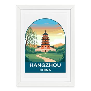 Affiche de voyage vintage sur le lac Ouest de Hangzhou, Chine - Affiche encadrée (27 × 37 cm) - blanc - Devant