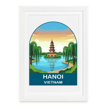 Affiche de voyage vintage de la pagode Vietnam de Hanoï - Affiche encadrée (27 × 37 cm) - blanc - Devant