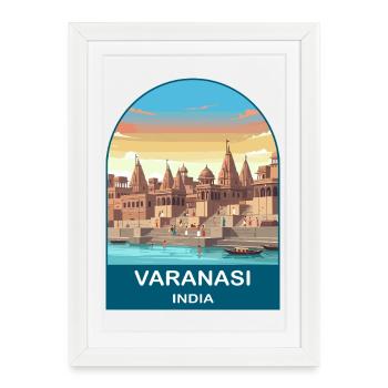Varanasi, Inde Ghats du Gange, Art de voyage vintage - Affiche encadrée (27 × 37 cm) - blanc - Devant