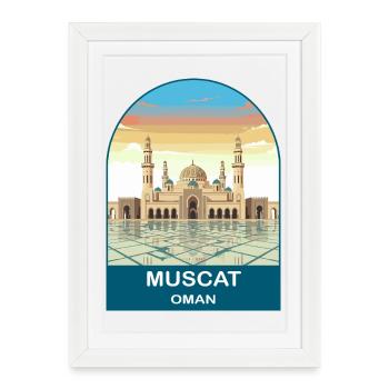 Affiche de voyage vintage de la Grande Mosquée d’Oman de Mascate - Affiche encadrée (27 × 37 cm) - blanc - Devant