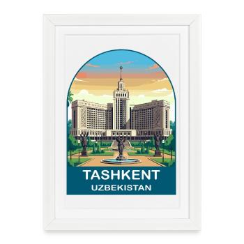 Art d’affiches de voyage vintage de Tachkent en Ouzbékistan - Affiche encadrée (27 × 37 cm) - blanc - Devant