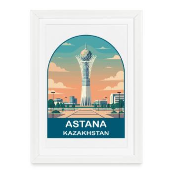 Affiche de voyage vintage Bayterek d’Astana Kazakhstan - Affiche encadrée (27 × 37 cm) - blanc - Devant