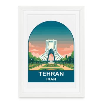 Affiche vintage de voyage de la tour Azadi de Téhéran Iran - Affiche encadrée (27 × 37 cm) - blanc - Devant