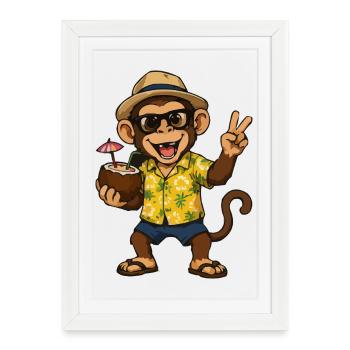Tropical Monkey Party - Ambiances Hawaii - Affiche encadrée (27 × 37 cm) - blanc - Devant