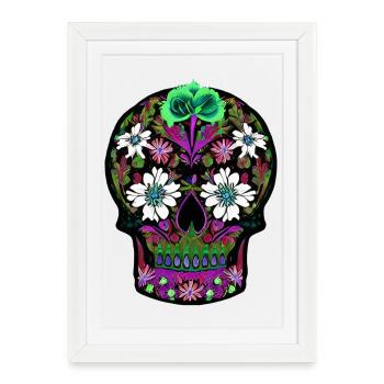 Crâne en sucre floral | Journée des morts mexicaine - Affiche encadrée (27 × 37 cm) - blanc - Devant