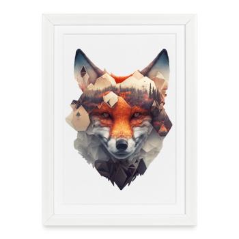 Beau et moderne portrait de renard avec forêt - Affiche encadrée (27 × 37 cm) - blanc - Devant