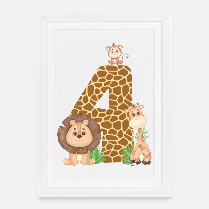 4th Birthday: Jungle Animals: Giraffe, Lion, Monkey - Framed poster (27 × 37 cm) - white