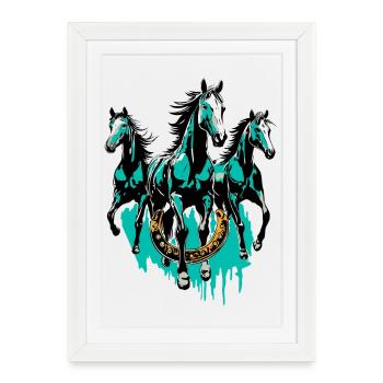 Trois chevaux avec fers à cheval – Rodéo, Sports équestres - Affiche encadrée (27 × 37 cm) - blanc - Devant