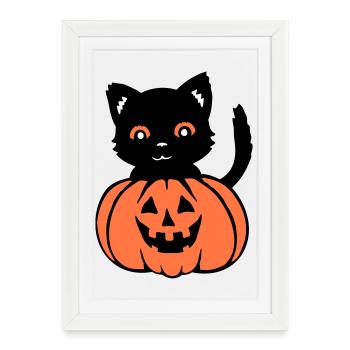 Halloween Katze Schwarz Kürbis Herbst Spuk Gruseli - Gerahmtes Poster (27 × 37 cm) - Weiß - Vorne