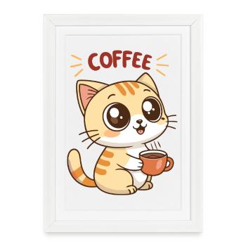 Chat Café Latte Cartoon - Affiche encadrée (27 × 37 cm) - blanc - Devant