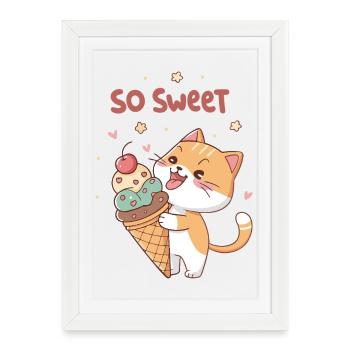 Chat gourmand et glace Kawaii So Sweet - Framed poster (27 × 37 cm) - white - Front