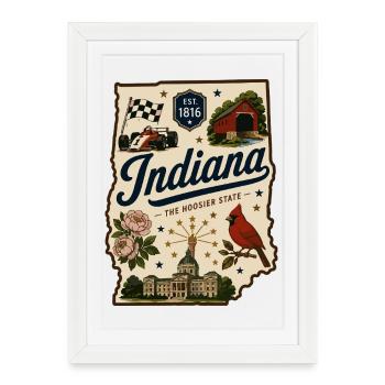 Autocollant de voyage vintage Indiana State Hoosier - Affiche encadrée (27 × 37 cm) - blanc - Devant