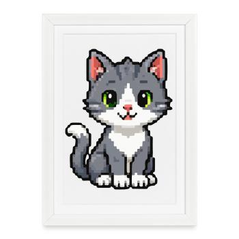 Pixel Chaton Chat Gris - Affiche encadrée (27 × 37 cm) - blanc - Devant