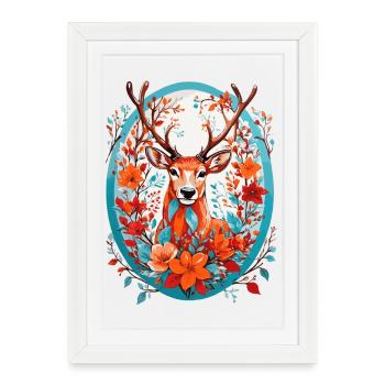 Cerf avec des fleurs - Affiche encadrée (27 × 37 cm) - blanc - Devant