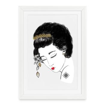 Geisha du Japon, portrait de la couronne de fleurs en or, - Affiche encadrée (27 × 37 cm) - blanc - Devant
