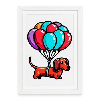Chien teckel avec des ballons - Affiche encadrée (27 × 37 cm) - blanc - Devant