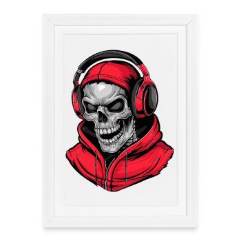 Skull in Red Hoodie with Headphones - Framed poster (27 × 37 cm) - white - Front