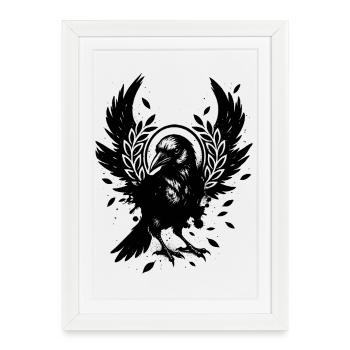 Stylized crow – mystical black and white motif - Framed poster (27 × 37 cm) - white - Front