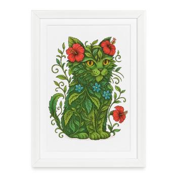 Illustration de chat floral - Affiche encadrée (27 × 37 cm) - blanc - Devant