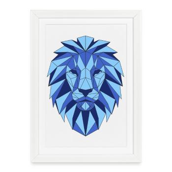 Tête de lion géométrique dans les tons de bleu - Affiche encadrée (27 × 37 cm) - blanc - Devant