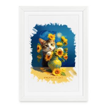 🌻😻 Le chat de Vincent parmi les tournesols – peinture - Affiche encadrée (27 × 37 cm) - blanc - Devant
