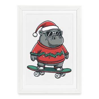 Hippopotame Noël Drôle - Affiche encadrée (27 × 37 cm) - blanc - Devant