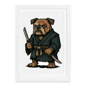 Guerrier samouraï bouledogue avec deux lames Katana - Affiche encadrée (27 × 37 cm) - blanc - Devant