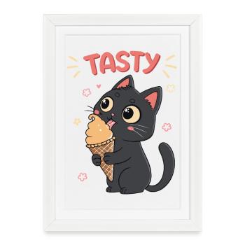 Chat noir gourmand crème glacée - Framed poster (27 × 37 cm) - white - Front