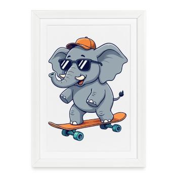 Drôle d’Elephnat patinant sur un skateboard cartoon Skate - Affiche encadrée (27 × 37 cm) - blanc - Devant