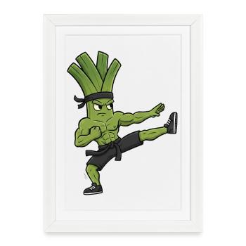 Karaté Kick Poireau Oignon Céleri Arts Martiaux Kuns - Affiche encadrée (27 × 37 cm) - blanc - Devant