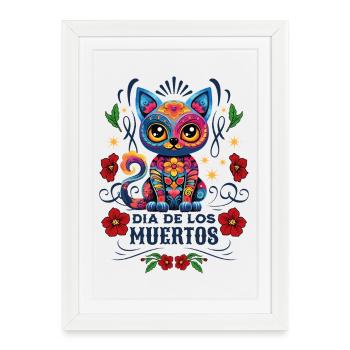 Dia De Los Muertos Meowtos Chat Fleurs Colorées - Affiche encadrée (27 × 37 cm) - blanc - Devant