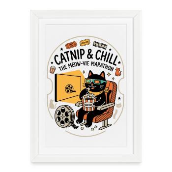 Cinéma Cat Popcorn 3D Look - Affiche encadrée (27 × 37 cm) - blanc - Devant