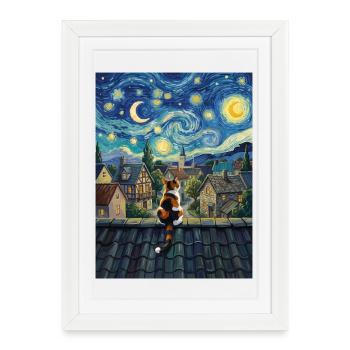 Art du chat Van Gogh du village de la Nuit étoilée - Affiche encadrée (27 × 37 cm) - blanc - Devant