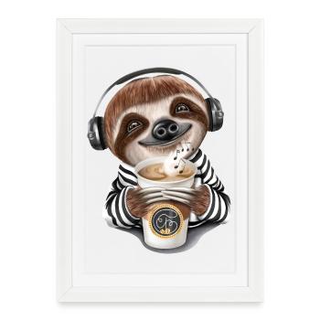 Drôle sloth Coffee Headphone Music - Affiche encadrée (27 × 37 cm) - blanc - Devant