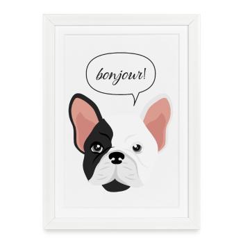 Français Bulldog Bonjour - Affiche encadrée (27 × 37 cm) - blanc - Devant