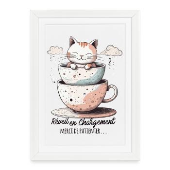 Réveil en chargement, humour de chat ! - Affiche encadrée (27 × 37 cm) - blanc - Devant