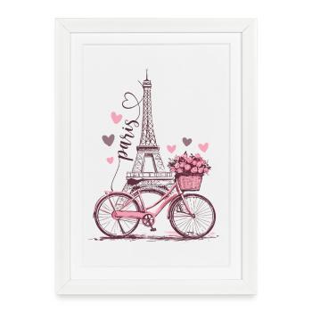 Paris Tour Eiffel Vélo Coeurs Fleurs France - Affiche encadrée (27 × 37 cm) - blanc - Devant