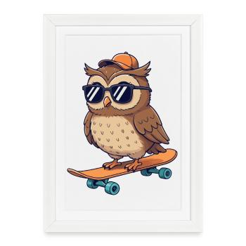 Drôle de hibou patinant sur skateboard Skater de dessins animés - Affiche encadrée (27 × 37 cm) - blanc - Devant