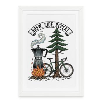 Gravure sur bois de moto Moka Brew Ride Repeat - Affiche encadrée (27 × 37 cm) - blanc - Devant