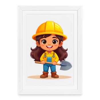 Comic Girl with Helmet & Shovel – Craftsman - Framed poster (27 × 37 cm) - white - Front